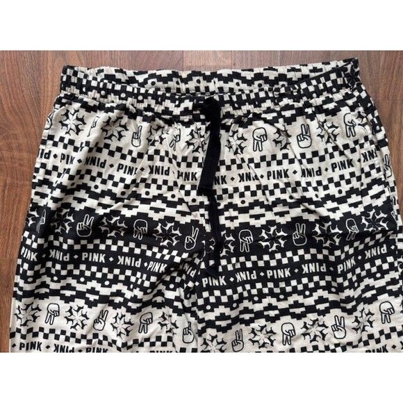Victorias‎ Secret Pink Womens Pajama Pants XL Black White Peace Sign Fingers - Picture 2 of 6